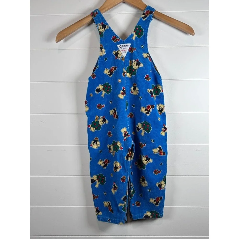 Vintage OshKosh‎ Kids Corduroy Overalls Blue Bear Tree Print Adjustable Straps